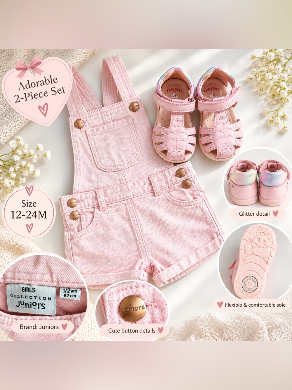 Girls Juniors Pink Short Overalls 1–2Y + FREE Pablosky Sandals 🎁